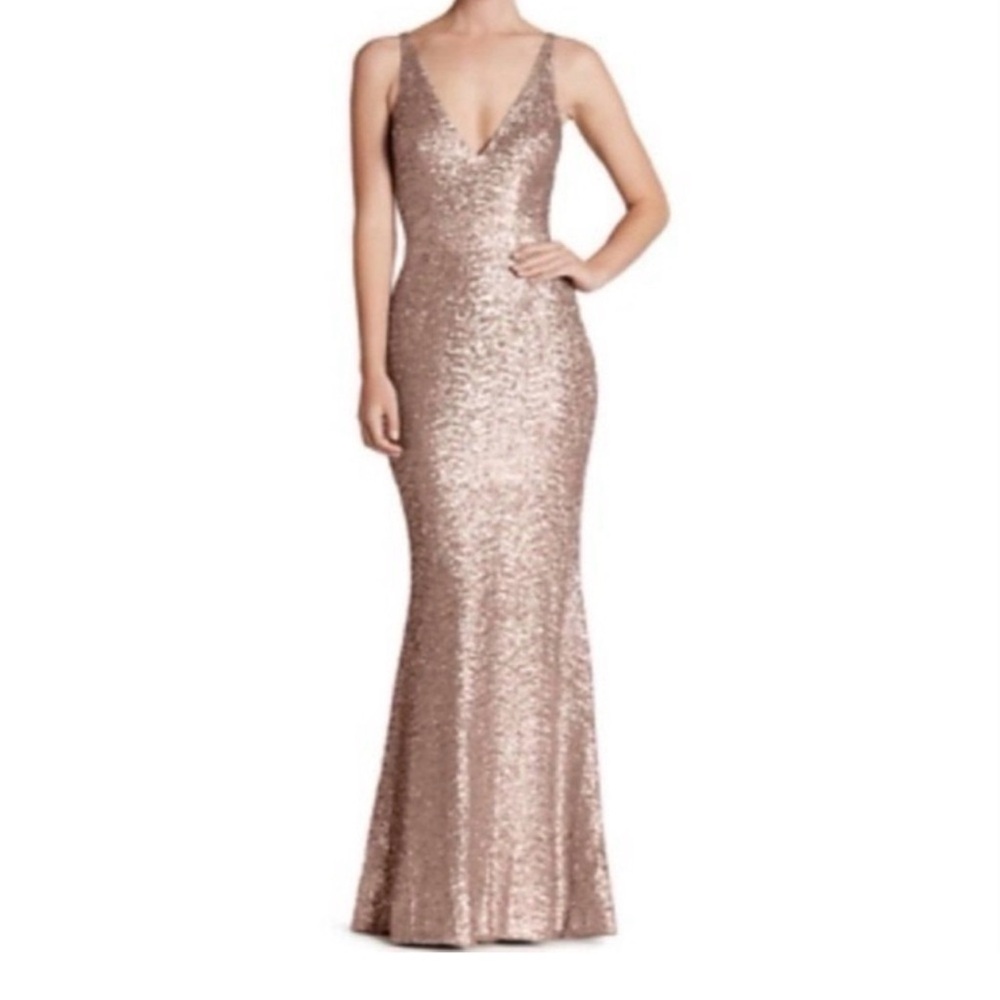 NWT Dress the Population Harper Sequin Rose Gold double V-Neck/Back Evening Gown